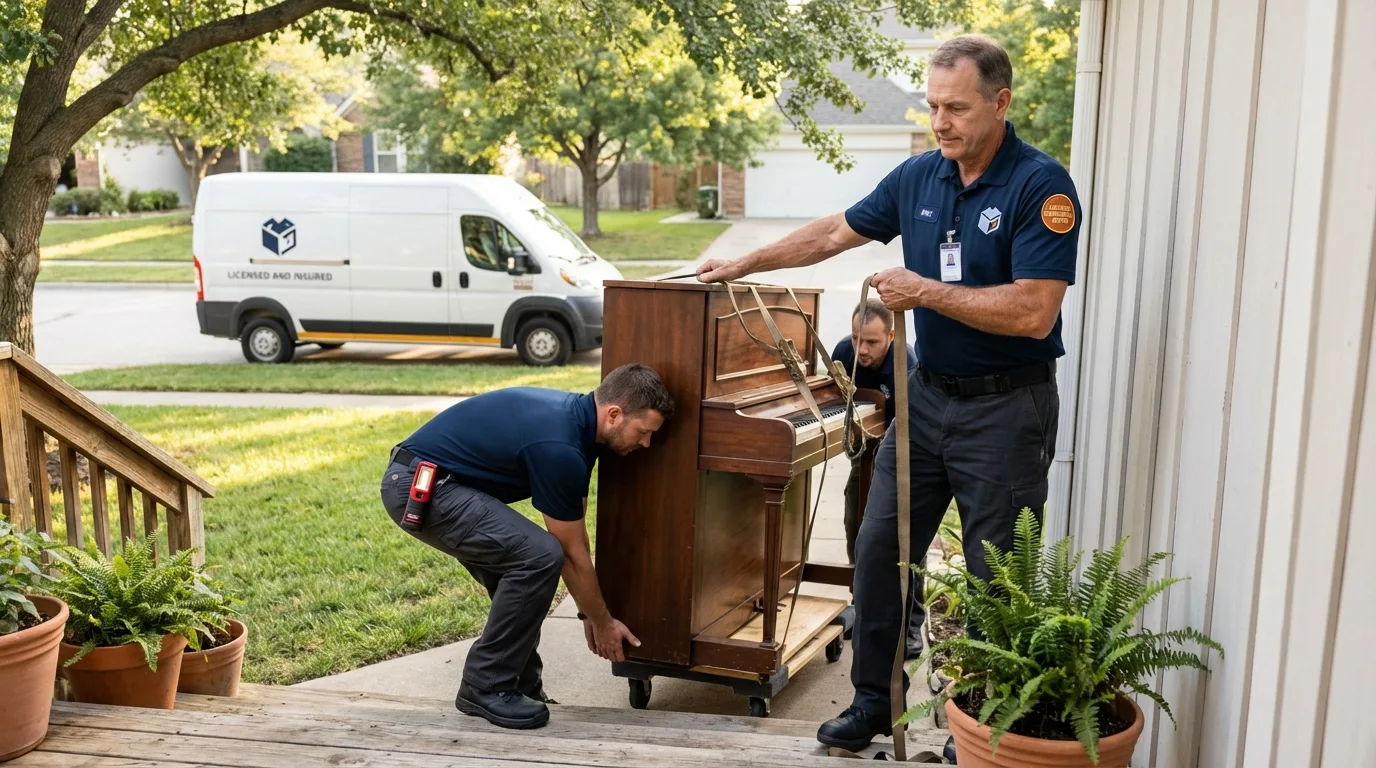Licensed piano movers securing grand piano in Blandon, PA