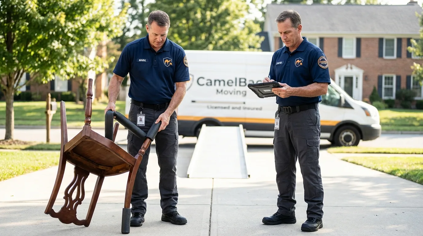 Movers inspecting furniture for damage prevention before loading in Blandon, PA
