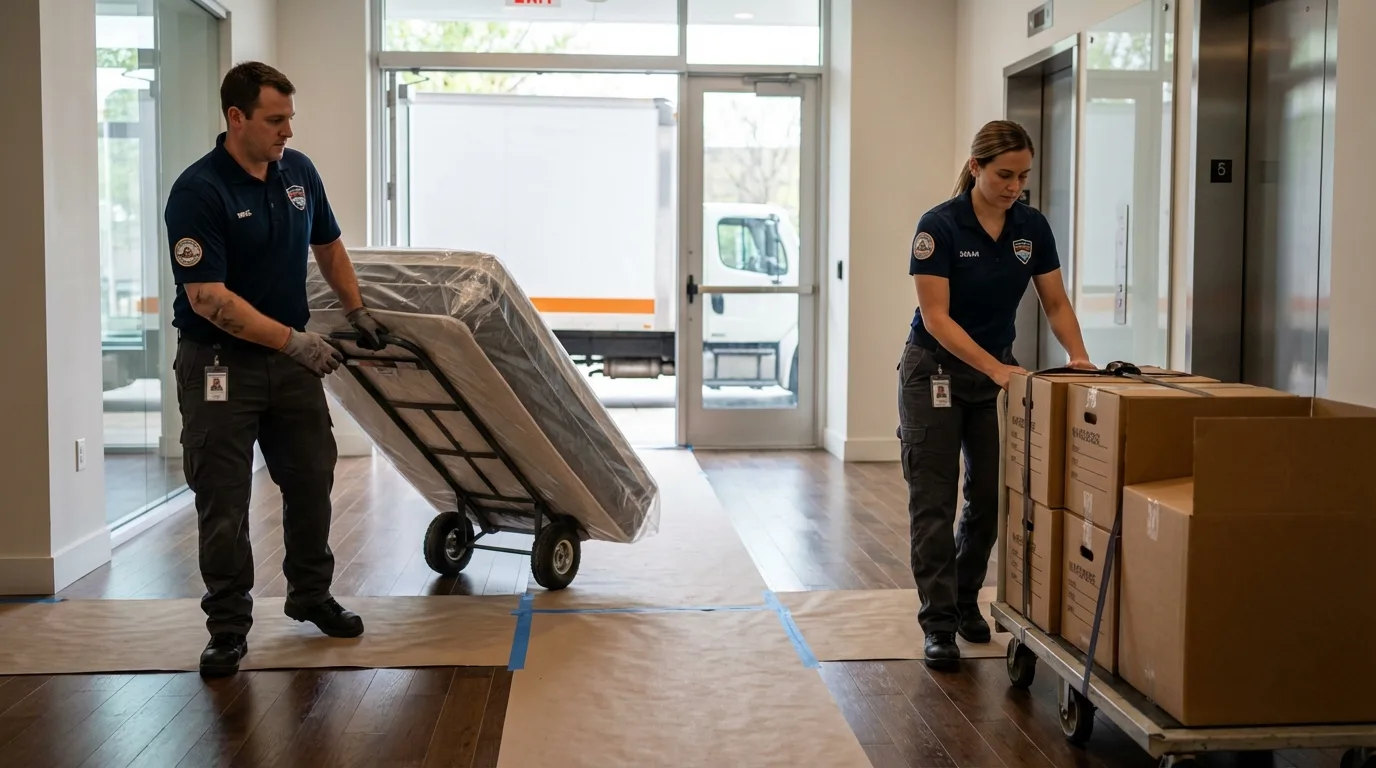 Professional apartment movers loading elevator in Blandon, PA